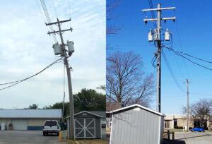 Left: wooden pole with transformer bending to the left. Right: Trident composite pole with transformer standing upright in same spot
