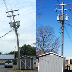 Left: wooden pole with transformer bending to the left. Right: Trident composite pole with transformer standing upright in same spot